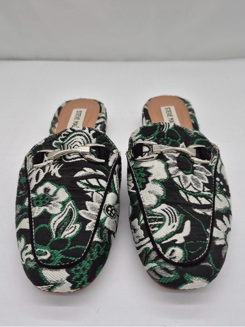 Steve Madden Tapestry Chess Fabric Slip On Mules Square Toe Green Black Sz 7.5
